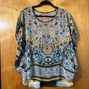Clover Canyon Floral Mosaic Scoop-Neck Blouse in Blue, Yellow & Black